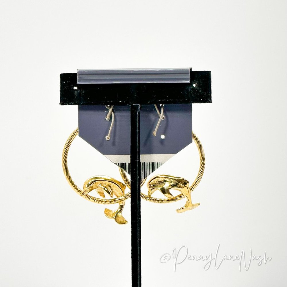 Trifari Gold Rope with Dolphins Hoop Earrings - Picture 7 of 9